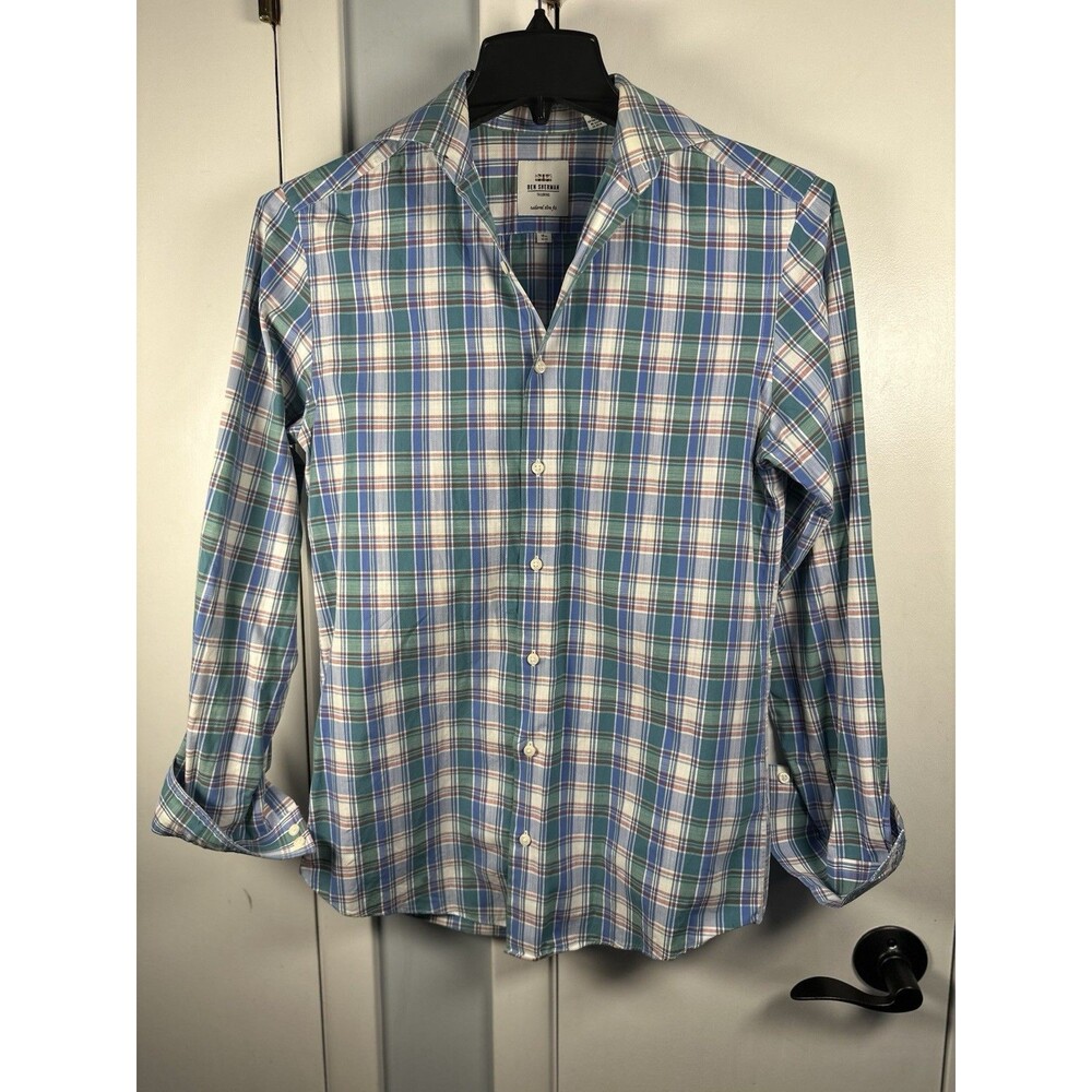 EUC Ben Sherman Blue Green Plaid Long Sleeve Shirt 14.5 32-33 Slim Fit XS